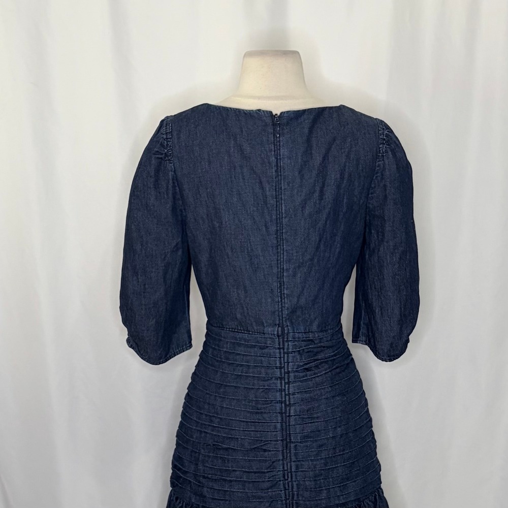 TANYA TAYLOR Pansy Dress Blue Denim Pleated Mini Puffed Sleeves Flirty Size 6 - Picture 10 of 16